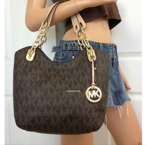 Michael Kors Lilly Tote Medium Shoulder Bag with Brown MK Signature Canvas